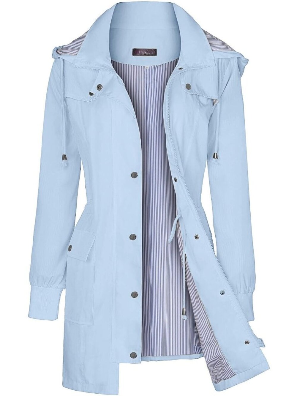 Women's Light Blue Hooded Waterproof Striped Climbing Windbreaker Trench Coat